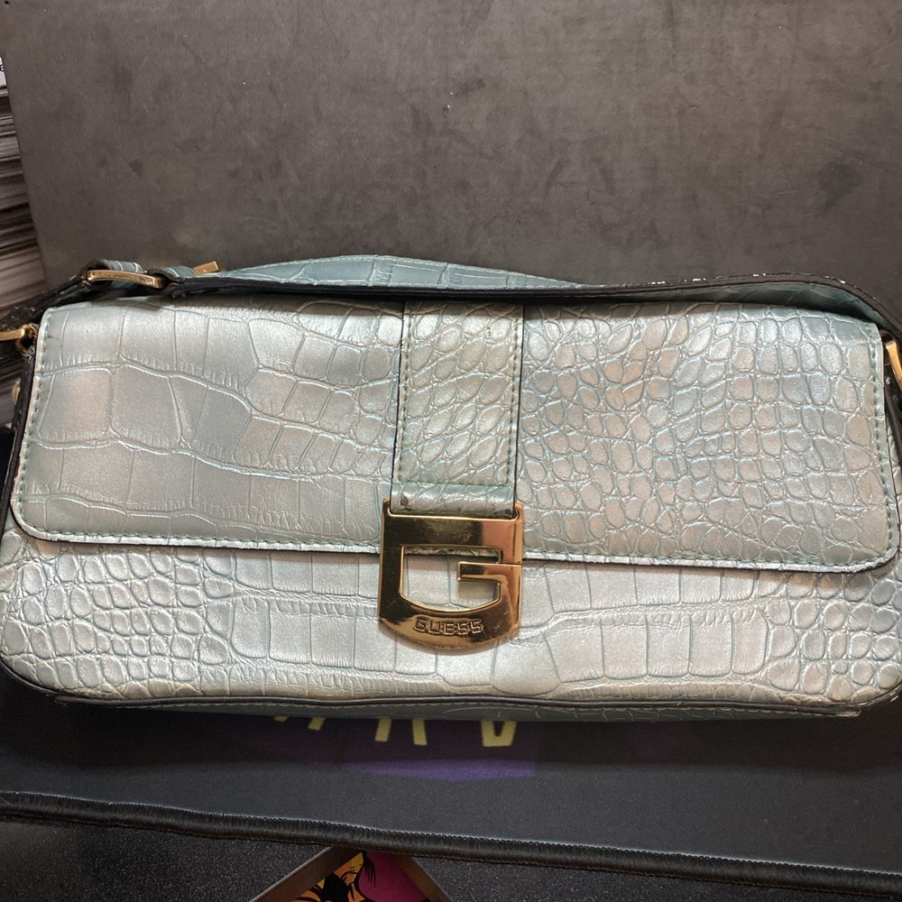 Vintage GUESS Blue Alligator Texture Satchel Clutch Bag Purse 80s 90s Retro D1